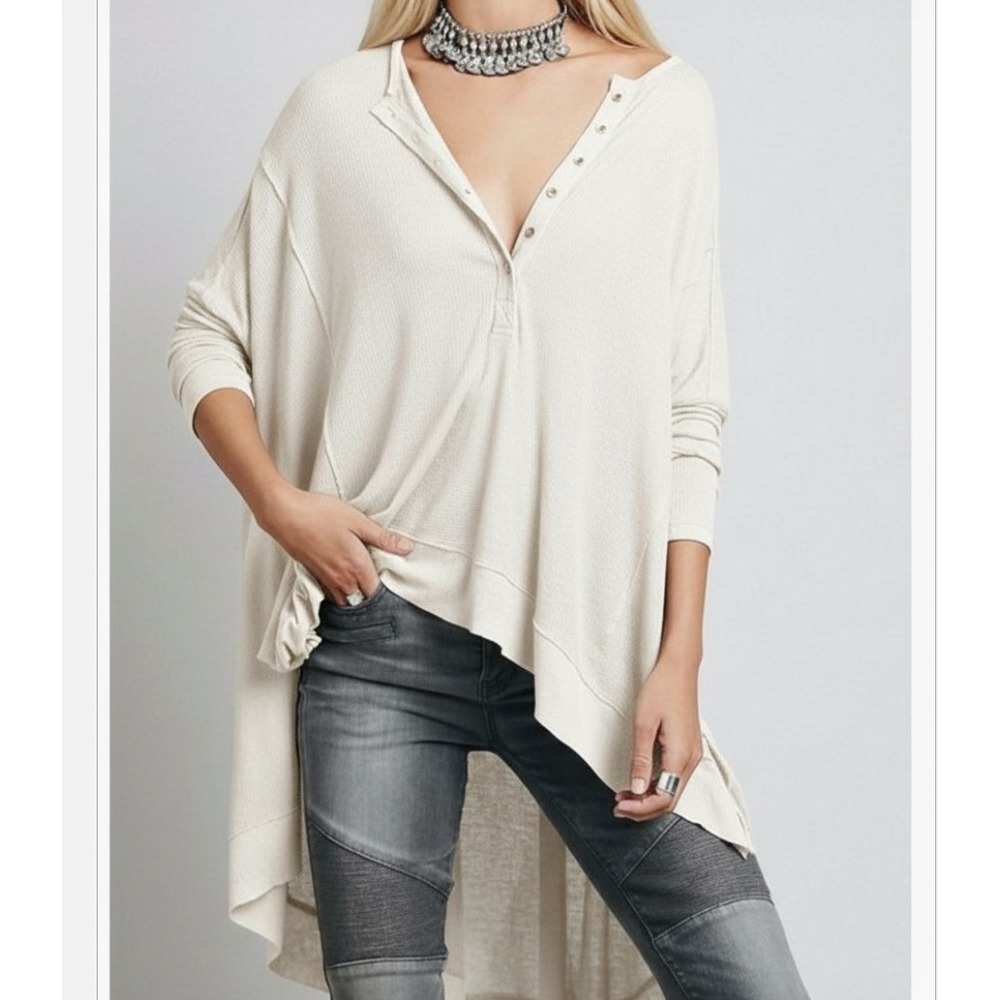FREE PEOPLE Thin Waffle Knit BENEDICT CANYON HENLEY T-Shirt Oversize Top Ivory S